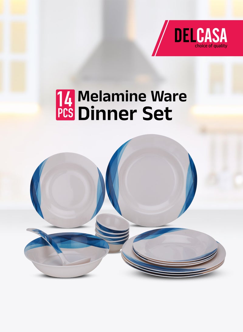 DELCASA 14 Pieces Melamine Ware Dinner Set | Lightweight & Durable Plates, Bowls & Serving Spoon | Elegant Design, Dishwasher-Safe | Ideal for Picnic, Caravan & Home Use - Image 1